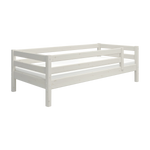 FLEXA WHITE children’s single bed with safety rail, Scandinavian design, all-white finish, shown on a plain white background.
