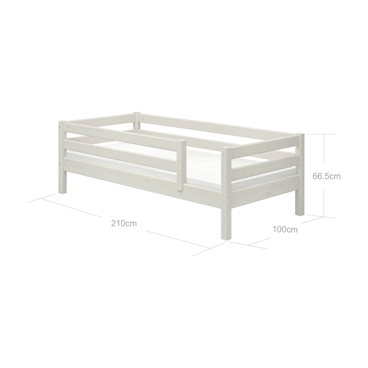 FLEXA single bed with safety rail, CLASSIC collection, white pinewood, child-safe edges, shown in a child’s bedroom.